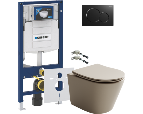 Комплект Унитаз подвесной Ceramicanova Balearica Rimless CN6000MC капучино матовый + Крепления Geberit Duofix 111.815.00.1 к стене + Шумоизоляция + Инсталляция UP 320 111.300.00.5 + Кнопка Sigma 01 115.770.DW.5 черная