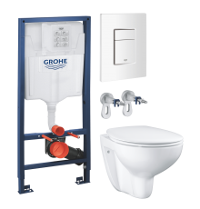 Комплект Унитаз подвесной Grohe Bau Ceramic 39351000 безободковый, альпин-белый + Инсталляция Rapid SL 38772SH0 3 в 1 с панелью смыва