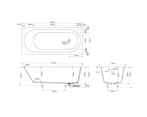 Dea Design Ease Ванна 170х75хh58см., встраиваемая, цвет: белый. DD8676 1700 18