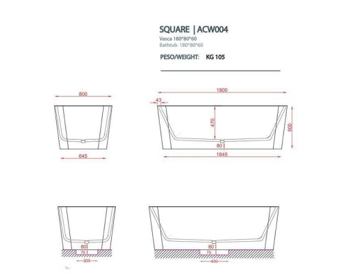 Artceram Square Ванна отдельностоящая, 180х80хh60см, с переливом и слив.крышкой, Livingtec, цвет: blu avio. ACW004 38 blu avio