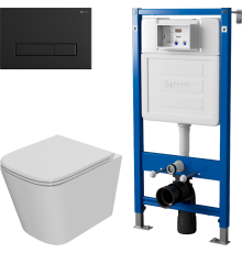 Комплект Унитаз подвесной Point Ника PN41081 белый глянцевый, безободковый, с микролифтом + Инсталляция PN45122 с контейнером для гигиенических таблеток + Кнопка Меркурий PN44831BM черная матовая
