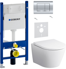 Комплект Унитаз подвесной AM.PM Sense C741701SC безободковый, с микролифтом + Шумоизоляция Geberit 156.050.00.1 + Инсталляция Duofix Delta 458.163.21.1 с кнопкой смыва, хром