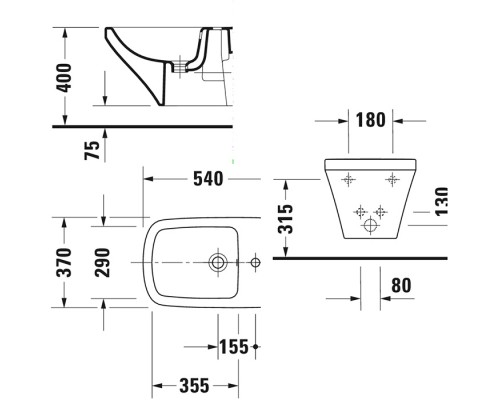 Duravit DuraStyle Биде подвесное 54х37см., с 1 отв под смеситель. с креплением, цвет: белый. 2287150000