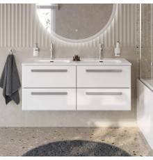 Тумба с раковиной Cezares Eco Cer-N 120, 4 ящика, bianco lucido, раковина Duet 120, двойная, ручки серые