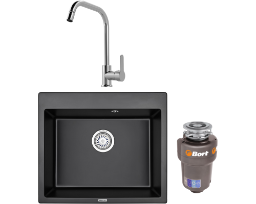 Комплект Мойка кухонная Granula 6001, турмалин + Смеситель MEGA City MG- ZRV104 хром + Измельчитель Bort Titan 5000