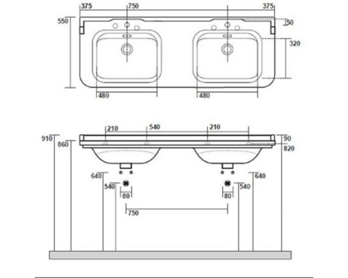 Kerasan Waldorf Раковина 150х55 см, 3 отв., двойная, керамическая, цвет: белый/хром. 4143K1bi/cr*3