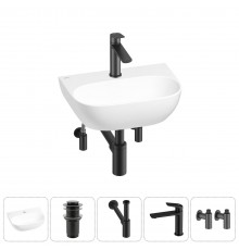 Маленькая раковина в туалет Wellsee WC Area 20212198R в наборе 5 в 1: подвесная или накладная раковина, донный клапан, сифон, смеситель, вентили (цвет набора матовый черный)