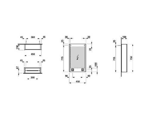 Laufen Frame 25 Зеркальный шка 45x15x75см., алюминий, 1 дверца с зеркалом с 2х сторон, DX, сенс. выкл., 2 розетки, 2 верт-х эл-та LED-подсветки (регул-ая яркость), с окружающим освещением (внизу). 4.0835.2.900.144.1