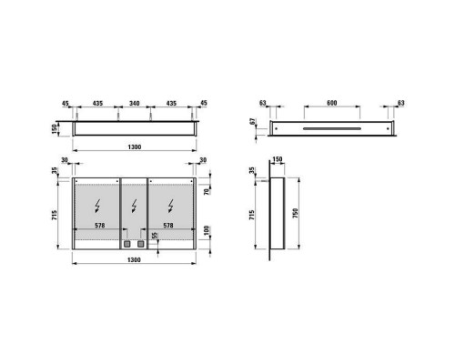 Laufen Frame Зеркальный шкаф 130x75см., LED-подсветка, алюминий, 3 двери, 2 розетки. 4.0875.4.900.144.1 Laufen Frame Зеркальный шкаф 130x75см., LED-подсветка, алюминий, 3 двери, 2 розетки. 4.0875.4.900.144.1