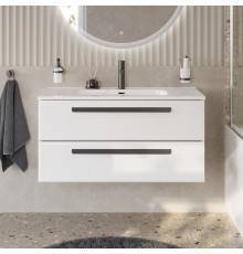 Тумба с раковиной Cezares Eco Cer-N 100 bianco lucido, раковина Duet 100, ручки матовые черные