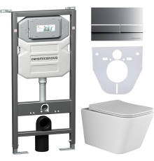Комплект Унитаз подвесной Ceramicanova Metric CN3007 безободковый, с микролифтом + Инсталляция Envision CN1002M + Кнопка Flat, матовый хром