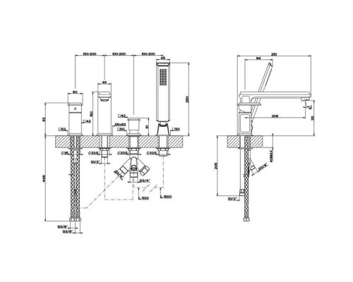 Gessi Eleganza Смеситель для ванны на 4 отверстия, с переключателем, изливом и ручным душем, цвет: Finox. 46037#149
