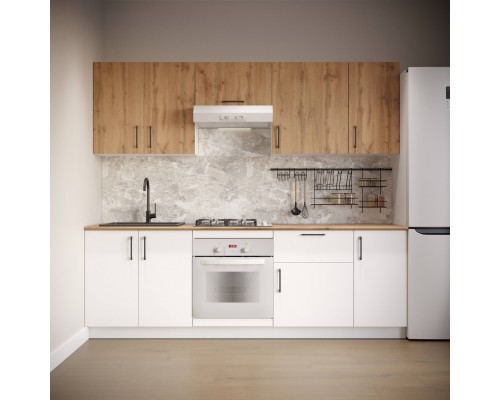 Кухонный гарнитур Domaci Болонья 240 см, фасад белый, дуб вотан, ручка черная, столешница дуб вотан KUH-1000016