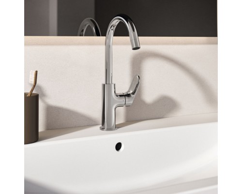 Ideal Standard Ceralife O Смеситель для раковины H21.5см., на 1 отв., с поворотным изливом, без донного клапана, цвет: хром. BE015AA