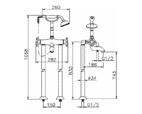 HUBER Victorian Смеситель термостатический напольный для ванны с ручной лейкой на держателе и шлангом 150 см, цвет: хром. VTT3901021