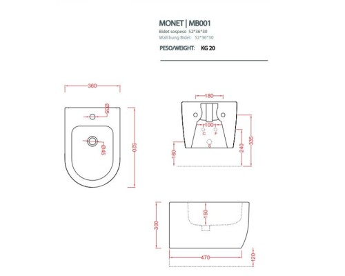 Artceram Monet Биде подвесное 36х52см., 1 отв., цвет: белый матовый. MNB001 05 00
