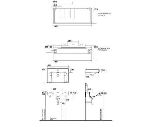 Kerasan Inka Project База INKA  подвесная 120см, для установки раковины 60х40 см, по центру, , панель исполнение Arte 2, цвет: белый глянцевый/черный глянцевый. 341734,  911102,  341104*1