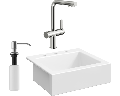 Комплект Мойка кухонная Domaci Сиена 50166-101 с 3 отверстиями, белый глянец + Смеситель STWORKI 23020-648/1BG-IG11 + Дозатор Равенна 401 сатин