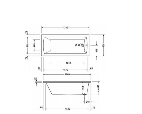 Duravit Daro  Ванна 170х75х46см, акриловая, прямоугольная встраиваемая ,с наклоном для спины , цвет: белый. 790285000001000,  700027000000000