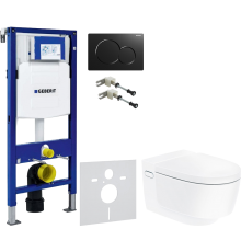Комплект Унитаз подвесной Geberit AquaClean Mera Comfort 146.214.11.1 с системой удаления запахов, альпийский белый + Крепления Duofix 111.815.00.1 к стене + Шумоизоляция 156.050.00.1 + Инсталляция UP 320 111.300.00.5 + Кнопка Sigma 01 115.770.DW.5 черная
