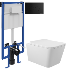 Комплект Унитаз подвесной Aqueduto Macio MAC0120 безободковый, с микролифтом, белый матовый + Инсталляция STWORKI + Кнопка Хельсинки 500471 черная матовая