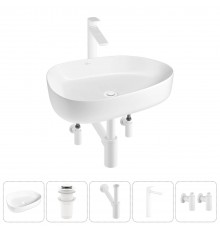 Накладная раковина для ванной комнаты Wellsee Belle Spa 3.0 20212732R в наборе 5 в 1: раковина белый глянец, донный клапан, сифон, смеситель, вентили (цвет набора матовый белый)