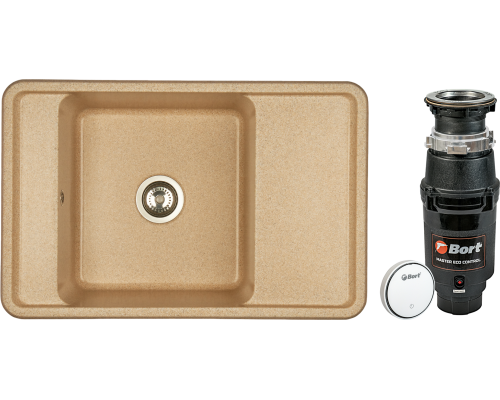 Комплект Мойка кухонная AQUATON Беллис 78 песочная + Измельчитель Bort Master Eco Control