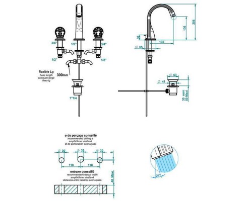 THG Flore Смеситель для раковины, 3 отв., цвет: хром/хрусталь. U5A-A02-151