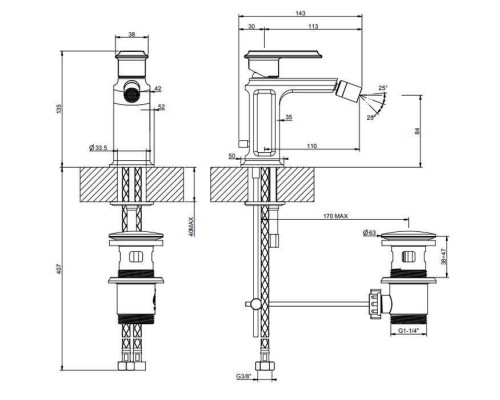Gessi Eleganza Смеситель для биде на 1 отверстие, с донным клапаном, цвет: черный металлик. 46007#706