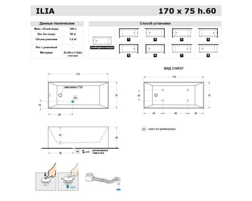 Gruppo Treesse Ilia Ванна 170x75xh60 см. прямоугольная отдельностоящая акриловая, со щелевым переливом, цвет: белый. V375BL