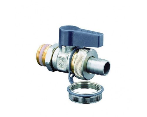 Кран шаровой, Oventrop, Optiflex KFE, DN-10, 3/8, Н, ручка-с ограничителем, латунь, никелированный, со штуцером для шланга (мягкое уплотнение) и колпачком