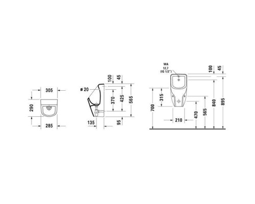 Duravit D-code писсуар, без мушки, 30.5x29.5см., подача воды сзади, цвет: белый. 0829300000
