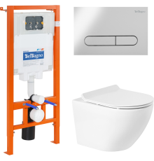 Комплект Унитаз подвесной BelBagno Sfera-r BB046CHR безободковый, крышка BB2111SC, инсталляция BB002-80 с кнопкой BB005-PR-CHROME