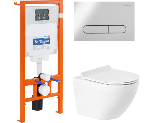 Комплект Унитаз подвесной BelBagno Sfera-r BB046CHR безободковый, крышка BB2111SC, инсталляция BB002-80 с кнопкой BB005-PR-CHROME