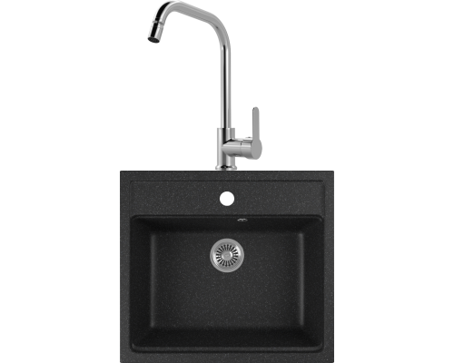 Комплект  Мойка кухонная Domaci Бьелла DMC-06 черная, встраиваемая, накладная, искусственный мрамор, прямоугольная, российская + Смеситель для кухни M