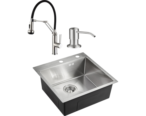 Комплект Мойка кухонная Domaci Равенна PVD DMB-117A брашированная сталь + Смеситель DCB 7012 сатин, с гибким изливом + Дозатор 401 сатин