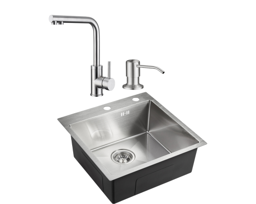 Комплект Мойка кухонная Domaci Равенна PVD DMB-117A брашированная сталь + Смеситель DCB 7015 сатин + Дозатор 401 сатин