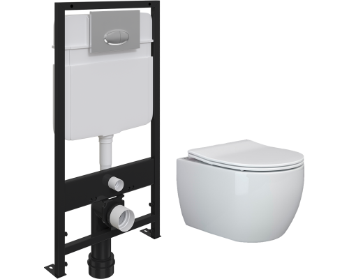 Комплект Унитаз подвесной Ceramicanova Play CN3001 с микролифтом, безободковый + Инсталляция EWRIKA ProLT 0026-2020 + Кнопка 0051 хром