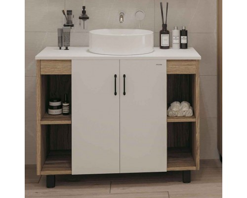 Тумба с раковиной Grossman Флай 100 со столешницей, дуб сонома, белая