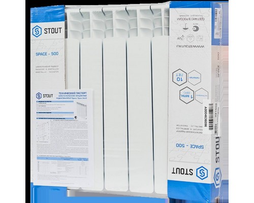 Радиатор биметаллический STOUT Space 500 6 секций нижнее правое подключение RAL9016 SRB-0320-050006 (SRB-0320-050006)