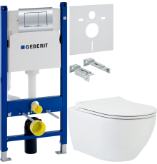 Комплект Унитаз подвесной beWash Bogen 88303601 с сиденьем микролифт, с функцией биде белый + Инсталляция Geberit Duofix Delta 458.163.21.1 с кнопкой смыва, хром + Шумоизоляция 156.050.00.1
