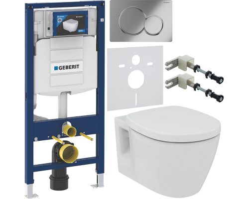 Комплект Унитаз подвесной Ideal Standard Connect E803501 + Крышка E712701 с микролифтом, петли хром + Инсталляция Geberit Duofix UP 320 111.300.00.5 + Кнопка Sigma 01 115.770.21.5 хром + Крепления 111.815.00.1 к стене + Шумоизоляция 156.050.00.1