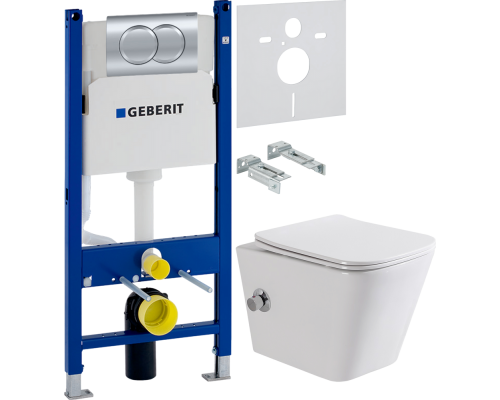 Комплект Унитаз подвесной BelBagno Due BB3103CHR-BS/SC с микролифтом, со смесителем и функцией биде + Шумоизоляция Geberit + Инсталляция Duofix Delta 458.149.21.1 с кнопкой смыва, хром