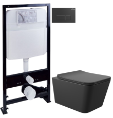 Комплект Унитаз подвесной Aqueduto Macio MAC0140 безободковый, с микролифтом, черный матовый + Инсталляция EWRIKA ProLT 0026-2020 + Кнопка 0044 черная матовая