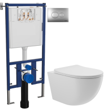 Комплект Унитаз подвесной Aqueduto Ovo OVO0110 безободковый, с микролифтом, белый глянцевый + Инсталляция DIWO 4501 + Кнопка 7311 хром матовый