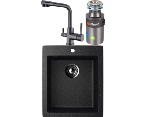 Комплект Мойка кухонная Ulgran U-404 -308 черная, встраиваемая, российская, матовая, квадратная + Смеситель Domaci Равенна DCB 3003N черный + Измельчитель Bort Titan 4000 Plus