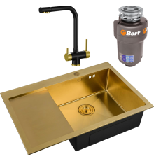 Комплект Мойка кухонная Zorg Inox Pvd SZR-7851-R Bronze + Смеситель Sanitary ZR 348 YF BLACK BRONZE + Измельчитель Bort Titan 5000 Control