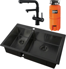 Комплект Мойка кухонная Zorg Light ZL R 780-2-510-R GRAFIT + Смеситель Sanitary SZR-3216 Grafit графит + Измельчитель Omoikiri Nagare slim 500