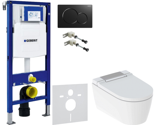 Комплект Унитаз подвесной Geberit AquaClean Sela 146.224.21.1 вставка глянцевый хром + Крепления Duofix 111.815.00.1 к стене + Шумоизоляция 156.050.00.1 + Инсталляция UP 320 111.300.00.5 + Кнопка Sigma 01 115.770.DW.5 черная