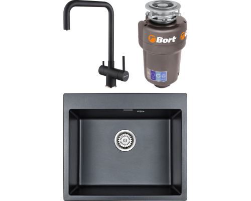 Комплект Мойка кухонная Paulmark Kante 60 PM106052-BLM черный металлик + Смеситель Wetter We213030-418 черный металлик + Измельчитель Bort Titan Max Power